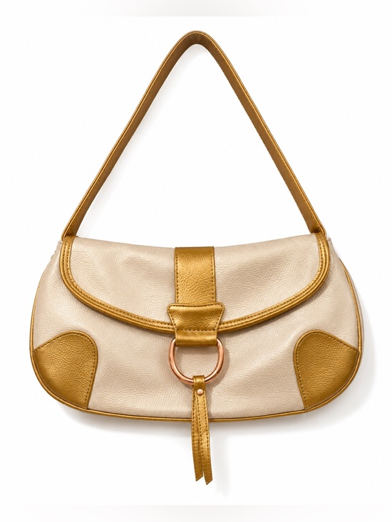 Elizabeth Arden Handbags - Elizabeth Arden Shoulder Bag Beige Gold Faux Leather Flap Purse Tassel Handbag